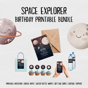 Space Entdecker-Kindergeburtstag-Set mit druckbarer Einladung, Flaschenverpackungen, Cupcake-Topper und Goodie Bag Karten