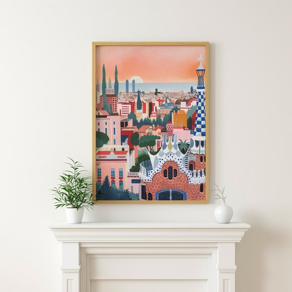 Barcelona Inspired Digital Print - Amber Davenport Style - Cityscape Wall Art Decor - Orange, White, Blue, Black - Instant Download