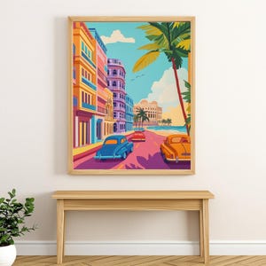 Cuba Vintage Car Digital Art Print | Havana Travel Poster | Retro Colorful Wall Decor | Beach Drive Download | Cuban Cityscape