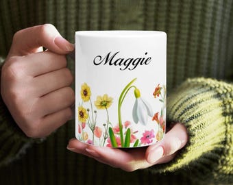 Taza de café con nombre personalizado con flores, taza de té personalizada
