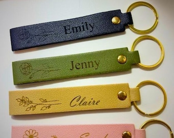 Personalized Vegan Leather Keychain, Birth Flower, Custom Name Keyring
