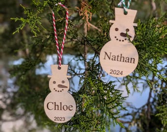 Personalized Snowman Christmas Ornament, Laser Cut Wood, Kids Gift