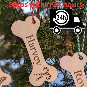 Dog Bone Christmas Ornament, Personalized Laser Cut Wooden Tree Decoration, Canine Pet Lover Gift, Minimalistic Christmas Decor.