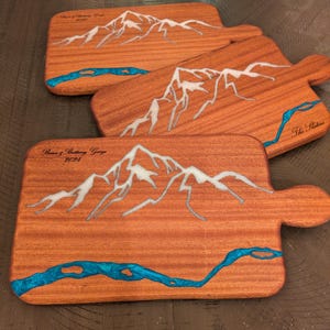 Personalized Cutting Board, Mountain Themed Gift, Mt. River charcuterie board, Ski Family Gift, Wedding gift, Anniversary Gift, Realtor gift