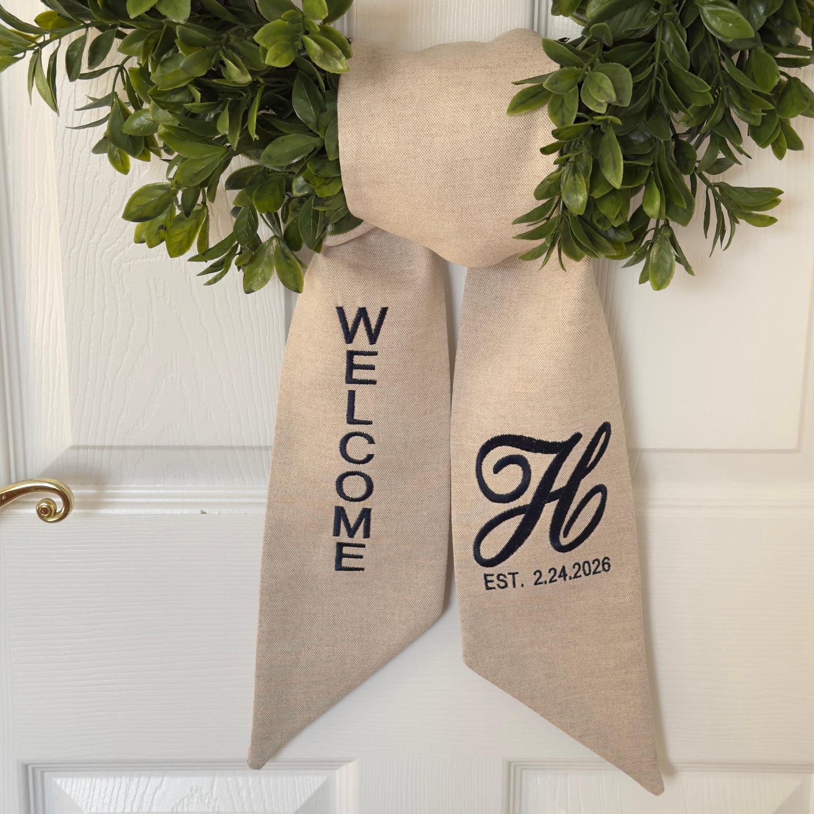 Personalized Linen Wreath Sash: Monogrammed Entryway Decor, Wedding Keepsake, Housewarming Gift - Initial With Date