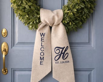 Personalized Linen Wreath Sash: Monogrammed Entryway Decor, Wedding Keepsake, Housewarming Gift