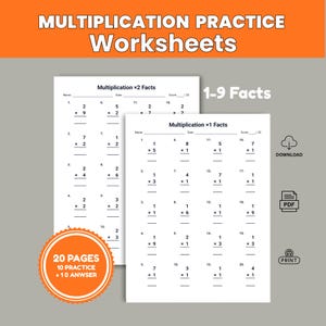 May include: Two white worksheets with multiplication problems for 1-9 facts. The worksheets have the text "Multiplication Practice Worksheets" and "20 pages, 10 practice + 10 answer". There are also download and print icons.