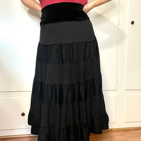 Vintage 90s Carole Little Black Tiered Full Circle Skirt with Velvet Waistband
