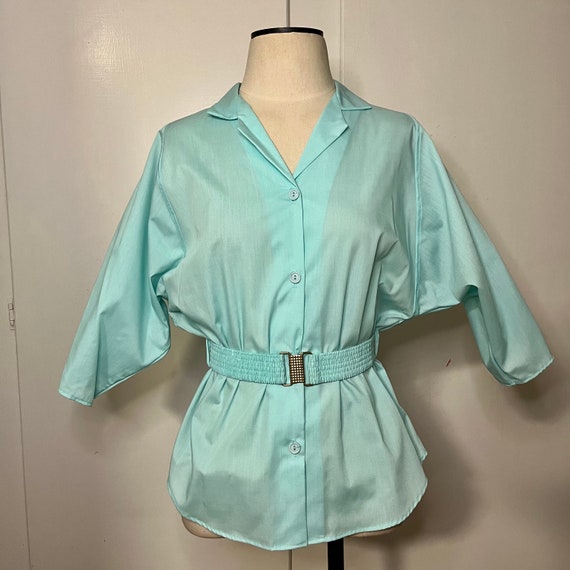 Vintage Pat Fashions Teal Belted Button Up Blouse - image 1