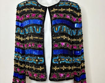 Vintage 90s Papell Boutique Evening Beaded Silk Jacket Cardigan