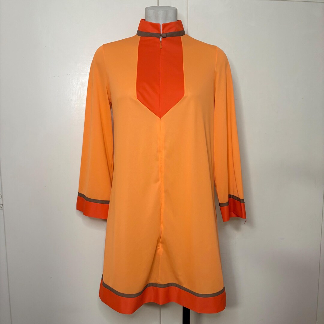 60’s/70’s Bright Orange Abstract Leaf Cowl Neck Mini Dress main image 1