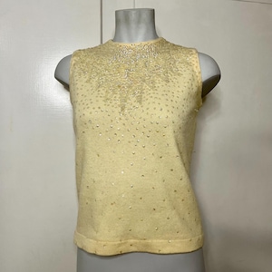 Vintage anos 60 Lantejoulas Creme Lã Angorá Sem Mangas Malha Camisola Regata