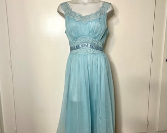 Vintage 50s Vanity Fair Blue Lace A Line Princess Midi Slip Dress Night Gown