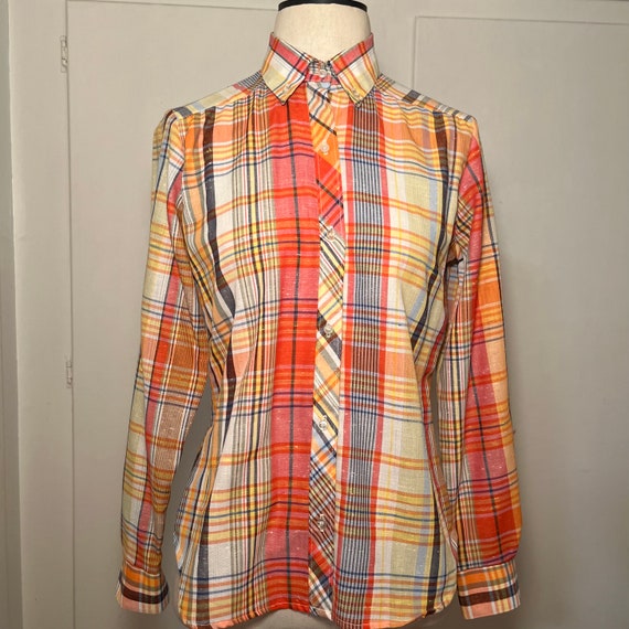 Vintage 70s Sears Orange Plaid Button Up Blouse - image 1