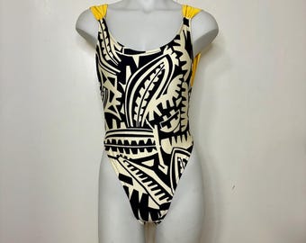 Vintage 80s Ste Jan Marie Black White Tropical Print One Piece LowBack Swimsuit