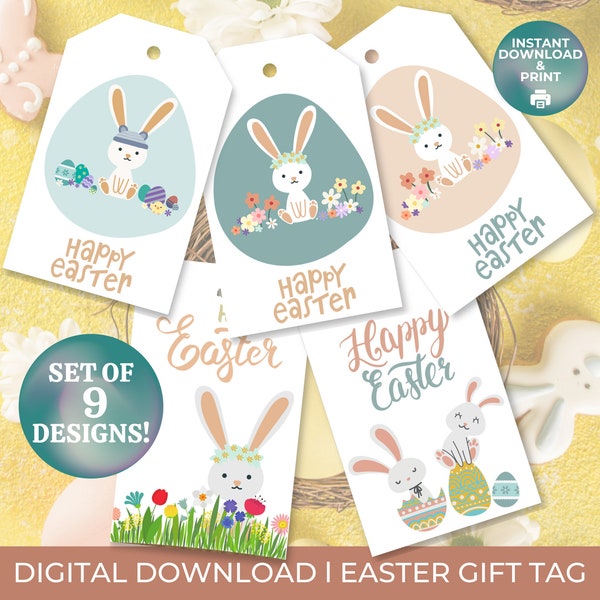 Cute Pastel Easter Bunny PRINTABLE Easter gift tags set, Colourful bunny treat bag tags, Easter gift basket tags digital download