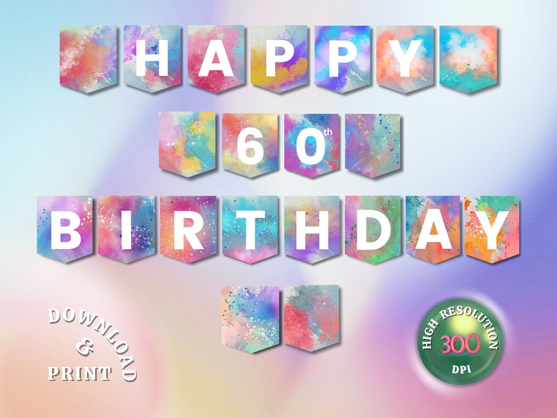 Printable Rainbow Watercolor Splash 60th Birthday Banner for Women ...