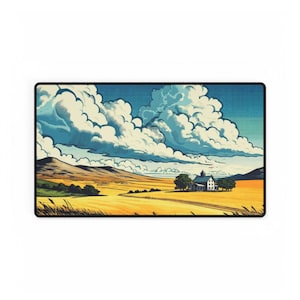May include: A digital illustration of a farmhouse in a field with a blue sky and white clouds. The farmhouse is white with a brown roof and a small tower. The field is yellow and green. The sky is blue with white clouds.