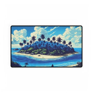 Puede incluir: Una ilustración digital de una isla tropical con palmeras y una playa de arena rodeada de agua azul. El cielo es azul con nubes blancas.