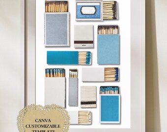 Blue & Cream Matchbook Art Canva Template | Blank | Digital Download | Custom Matches | Personalized Digital Matchbook Gift | White