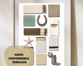 Coastal Cowgirl Matchbook Art Canva Template | Blank | Digital Download | Custom Matches | Personalized Digital Matchbook Gift | White Blue