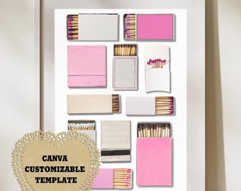 Pink | Matchbook Art Canva Template | Blank | Digital Download | Custom Matches | Personalized Digital Matchbook Gift| Cream white (1)