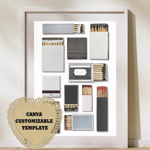 May include: A white framed print with a white background featuring an arrangement of various matchboxes. The matchboxes are in different sizes and colors, including black, gray, and white. Some of the matchboxes have red and white matches inside. The print is titled "CANVA CUSTOMIZABLE TEMPLATE".
