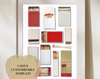 Red  | Matchbook Art Canva TemplateDigital Download | Custom Matches | Personalized Digital Matchbook Gift |Cream White