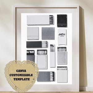 Peut inclure: Une photographie en noir et blanc de différentes boîtes d'allumettes disposées en grille. Les boîtes d'allumettes sont de tailles et de formes différentes, et certaines portent des étiquettes.
