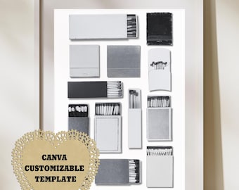 B&W Customizable Matchbook Art Canva Template|Black and White|DigitalDownload|Custom Matches|Personalized Digital Matchbook Gift|Anniversary