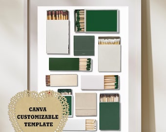 Dark Green Customizable Matchbook Art Canva Template|Blank|Digital Download|Custom Matches | Personalized Digital Matchbook Gift|Cream White