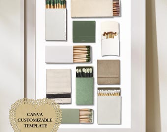 Green Neutral | Matchbook Art Canva Template | Blank | Digital Download | Custom Matches | Personalized Digital Matchbook Gift |Cream White