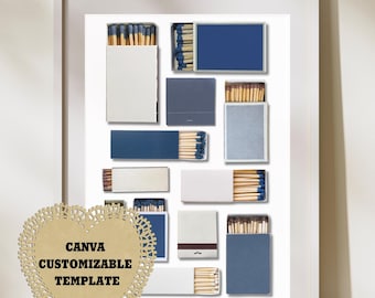 Navy Customizable Matchbook Art Canva Template|Blank|Digital Download|Custom Matches | Personalized Digital Matchbook Gift| Cream White Blue