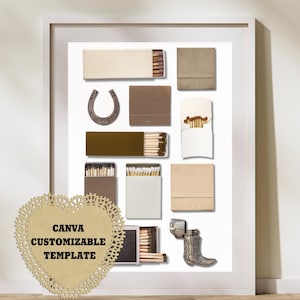 May include: A white frame with a white background containing a collection of matchboxes, a horseshoe, and a silver lighter shaped like a cowboy boot. The text "CANVA CUSTOMIZABLE TEMPLATE" is on a brown heart-shaped doily.