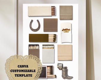 Western Brown Customizable Matchbook Art Canva Template |Blank Digital Download| Custom|Personalized Digital Gift|Cream white