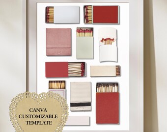 Deep Red  | Matchbook Art Canva TemplateDigital Download | Custom Matches | Personalized Digital Matchbook Gift |Cream White