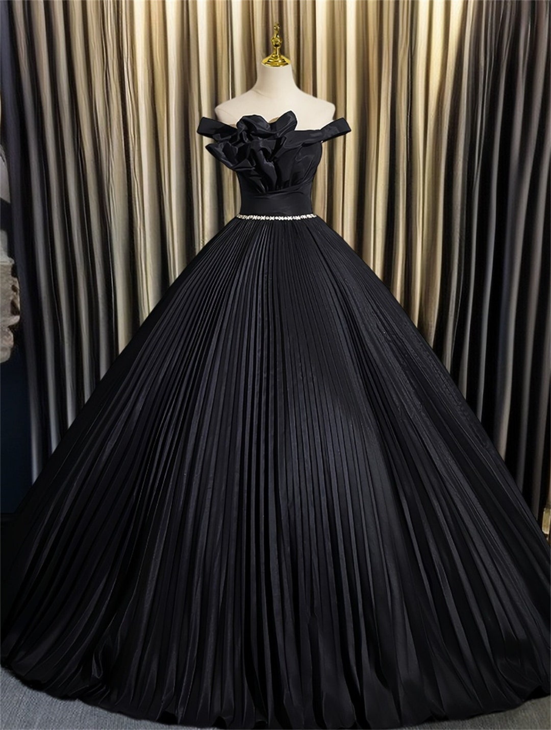 Black Prom Dress, Pleated Hem Dress, Bridal Gowns, Formal Prom Dress, Offtheshoulder Dress