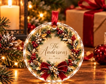 Ornement de Noël en verre personnalisé pour la famille, couronne souvenir, cadeau de Noël familial, décoration de Noël pour la maison