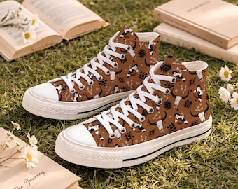 Western Seamless High Top Canvas Shoes, Cowboy Cowgirl Sneakers, Rodeo Country Shoes, Western Pattern Footwear, Gift for Rodeo Lovers