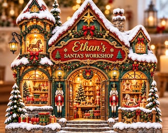Bloque de madera personalizado del taller de Santa Claus, decoración navideña para juguetería, aldea navideña de madera, adorno para estante navideño, regalo de Navidad