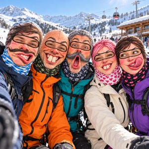May include: Five people wearing full-face balaclavas featuring printed, exaggerated facial expressions including mustaches, buck teeth, and wide grins. The headgear covers the head and neck, with black-rimmed eye openings for visibility.