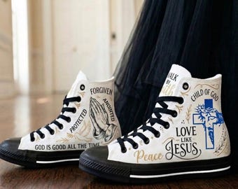 Zapatillas cristianas de lona de caña alta, zapatillas inspiradas en la fe, zapatos con versículos bíblicos, calzado religioso, regalo religioso para ella.