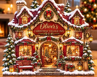 Personalized Christmas Village Wooden Block, Custom Family Name , Snowy Christmas House Decor, Holiday Shelf Decor, Christmas Gift