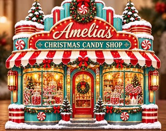 Personalized Christmas Candy Shop Wooden Block, Custom Name Candy Store Decor, Retro Christmas Village, Holiday Shelf Decor
