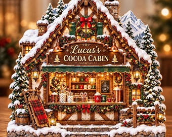 Decoración navideña para tienda de chocolate caliente, pueblo navideño de madera personalizado, acogedora cabaña de invierno, centro de mesa navideño, regalo de Navidad