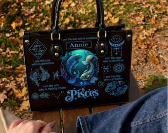 Sac à main en cuir personnalisé Poissons, sac astrologique personnalisé avec nom, cadeau pour femme Poissons, sac d'anniversaire du signe du zodiaque, sac à main astrologique