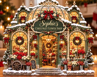 Custom Christmas Flower Shop Wooden Block, Personalized Victorian Flower Store, Christmas Village Decor, Florist Christmas Gift