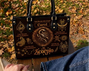 Personalized Scorpio Leather Handbag, Zodiac Astrology Bag with Custom Name, Gift for Scorpio Women, Birthday Gift, 12 Zodiac Handbag