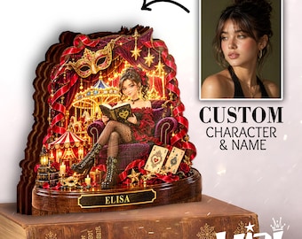 Bloc en bois personnalisé « fille qui lit », décoration personnalisée pour amoureuse des livres, thème carnaval masqué, coin lecture, cadeau pour passionnée de lecture