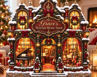 Personalized Christmas Village Wooden Block, Victorian Music Shop Decor, Christmas Piano Display, Music Teacher Christmas Gift
